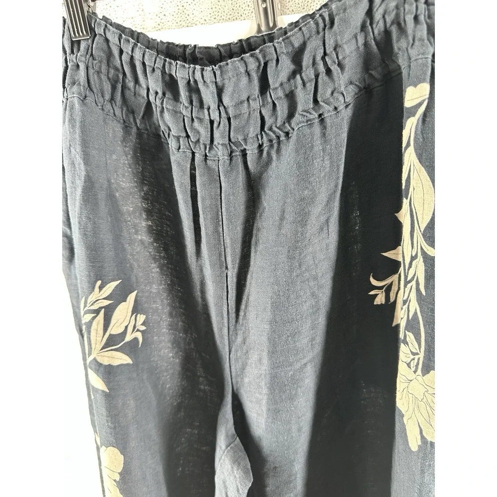 Anthropologie Somerset LINEN WIDE LEG Black Floral Pull-On Pants Cropped Sz M